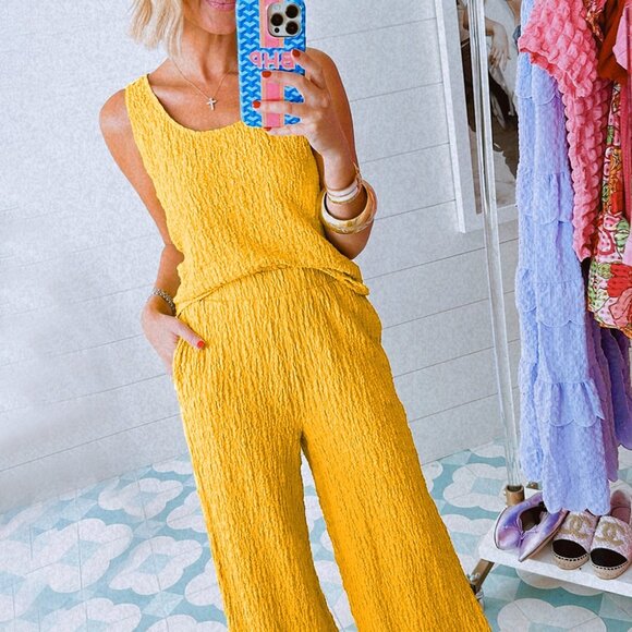 Pants - Yellow Crinkled U Neck Tank Top and Wide Leg Pants Set